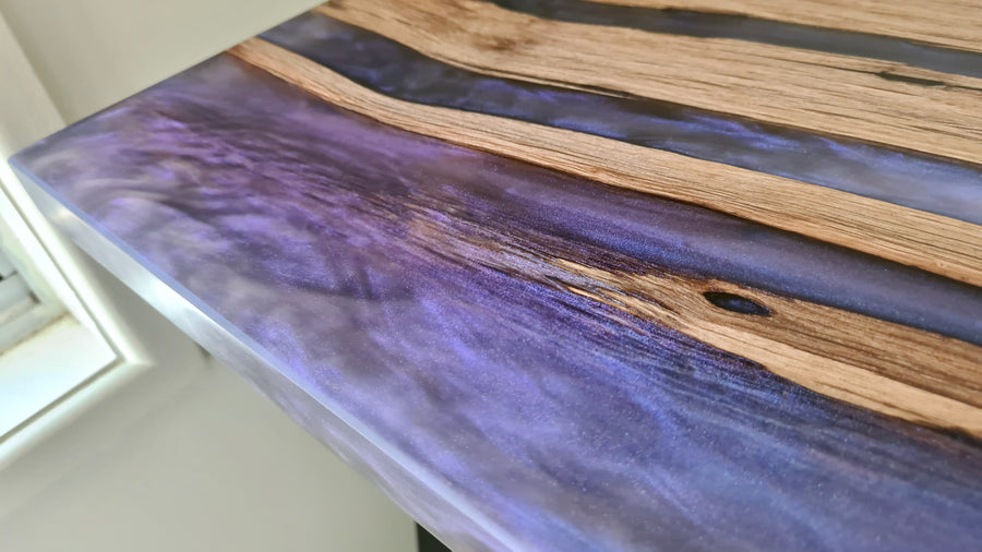 Sheoak & Purple Resin Desk / 4 Person Dining Table