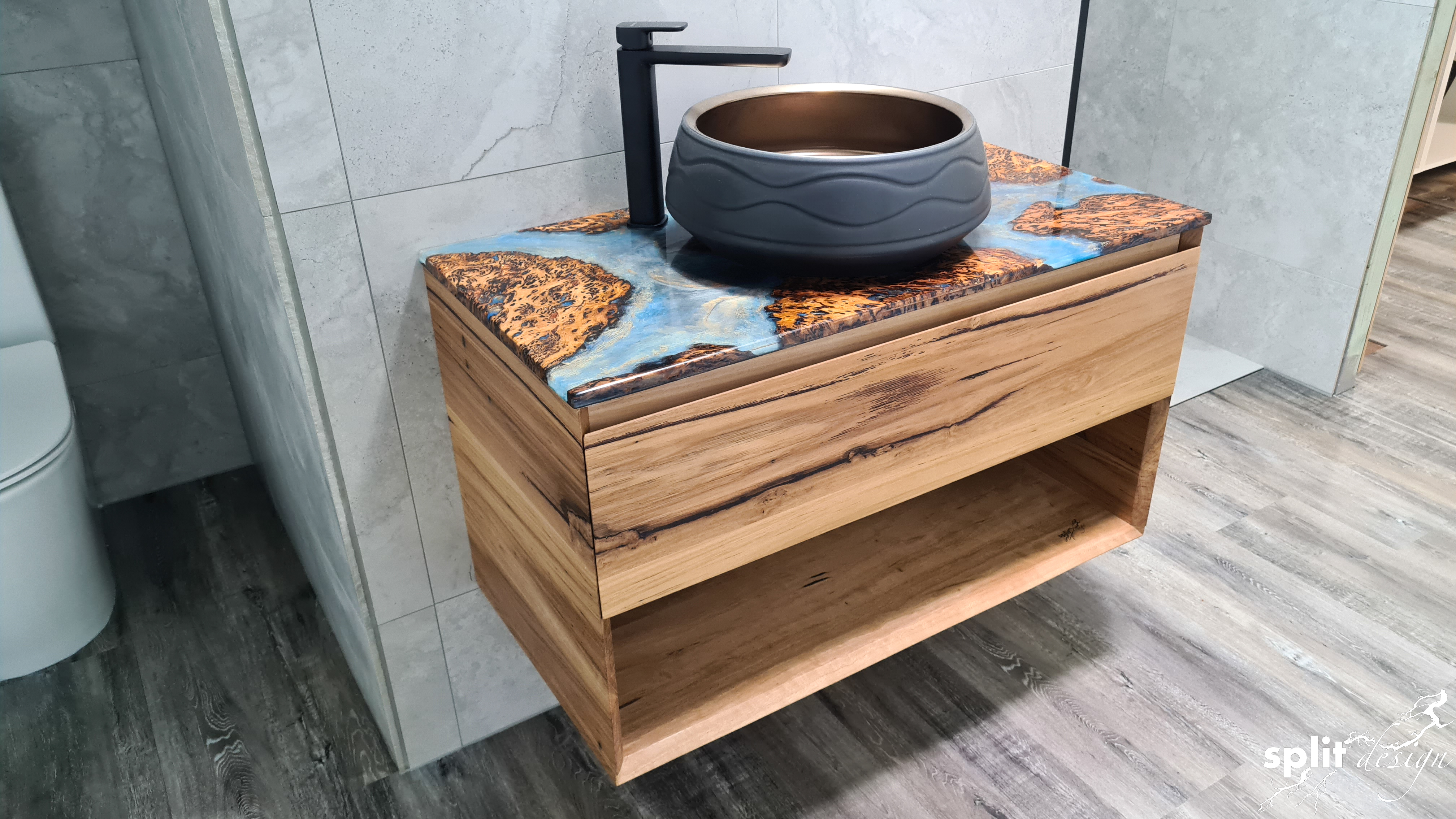Blackbutt Timber Clara Vanity with Custom Burl and Resin Top